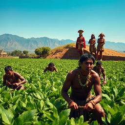 A historical scene depicting Aztec slaves working diligently in vast agricultural fields, showcasing lush green crops under the bright sun