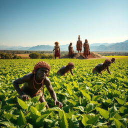 A historical scene depicting Aztec slaves working diligently in vast agricultural fields, showcasing lush green crops under the bright sun