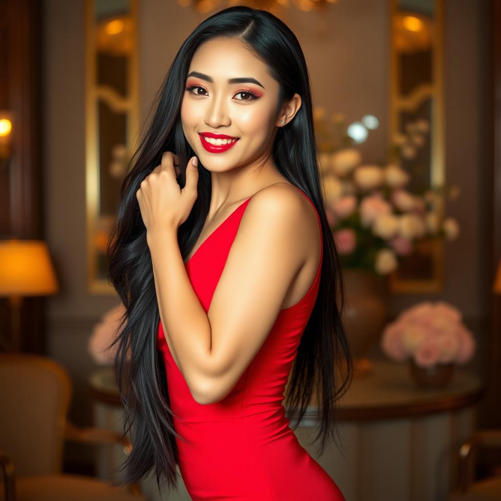 A stunning and sexy Asian woman with long flowing black hair, dressed in a form-fitting red dress that accentuates her curves