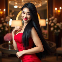A stunning and sexy Asian woman with long flowing black hair, dressed in a form-fitting red dress that accentuates her curves