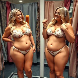 Two beautiful, sexy curvy blond girls trying on too-small bikini style bathing suits in a dressing room