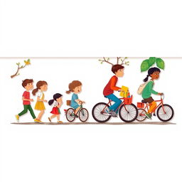 An intricate and vibrant frame-by-frame animated illustration depicting various stages of life from childhood to adolescence, showcasing key moments such as learning to walk, riding a bicycle, and attending school