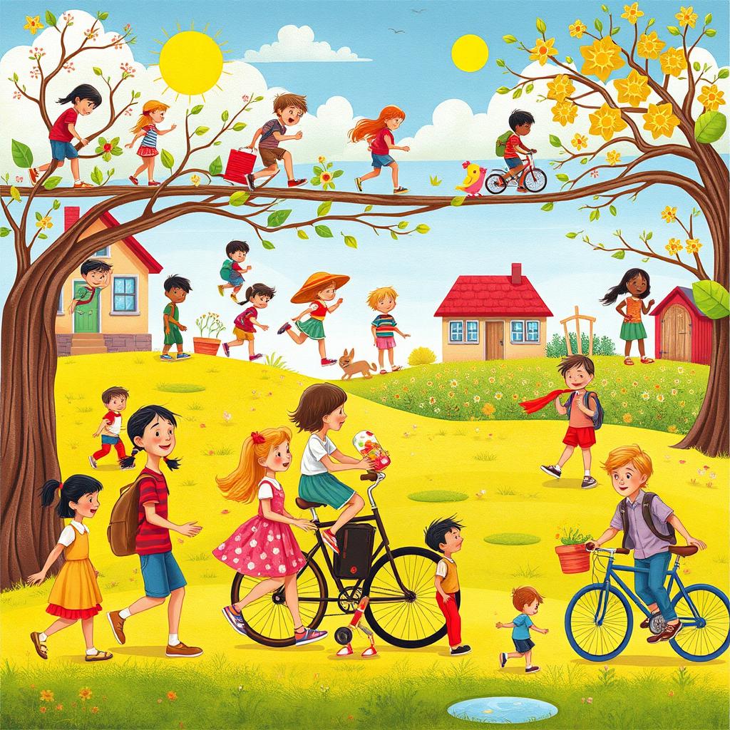 An intricate and vibrant frame-by-frame animated illustration depicting various stages of life from childhood to adolescence, showcasing key moments such as learning to walk, riding a bicycle, and attending school