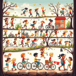 An intricate and vibrant frame-by-frame animated illustration depicting various stages of life from childhood to adolescence, showcasing key moments such as learning to walk, riding a bicycle, and attending school