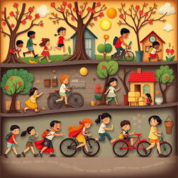 An intricate and vibrant frame-by-frame animated illustration depicting various stages of life from childhood to adolescence, showcasing key moments such as learning to walk, riding a bicycle, and attending school