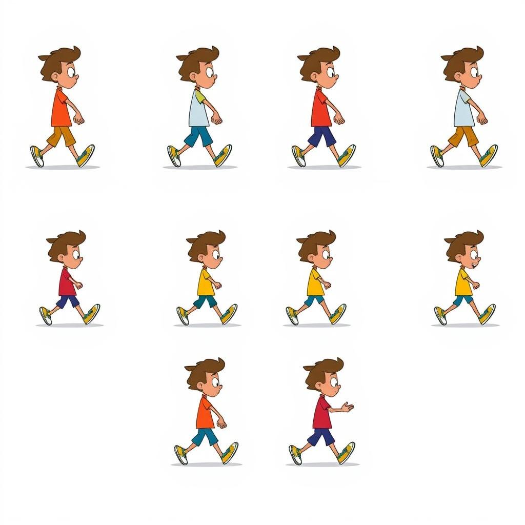 A detailed frame-by-frame illustration of a 10-second walk cycle animation, showcasing a character mid-stride