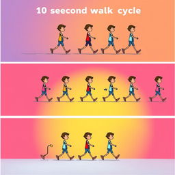 A detailed frame-by-frame illustration of a 10-second walk cycle animation, showcasing a character mid-stride