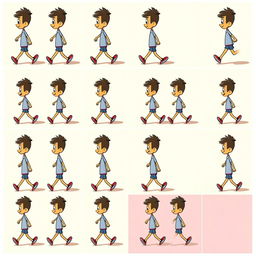 A detailed frame-by-frame illustration of a 10-second walk cycle animation, showcasing a character mid-stride