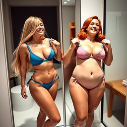 Two beautiful, sexy curvy girls trying on too-small bikini style bathing suits in a bright and stylish dressing room