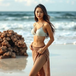 A beautiful Asian woman, full body, wearing a tight beach fabric skirt and a bra, standing on a beach with waves crashing and newly formed coral in the background