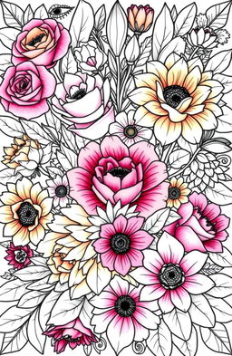 A beautifully detailed coloring page designed for adults featuring an intricate assortment of various flowers such as roses, daisies, lilies, and sunflowers in full bloom