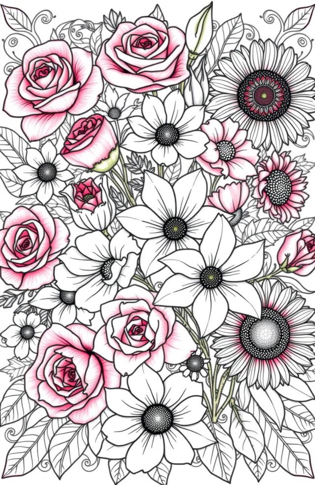 A beautifully detailed coloring page designed for adults featuring an intricate assortment of various flowers such as roses, daisies, lilies, and sunflowers in full bloom