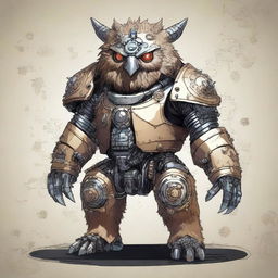 An image featuring a celestial Dungeons and Dragons Owlbear, but with a twist - this Owlbear is a robot