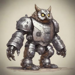 An image featuring a celestial Dungeons and Dragons Owlbear, but with a twist - this Owlbear is a robot