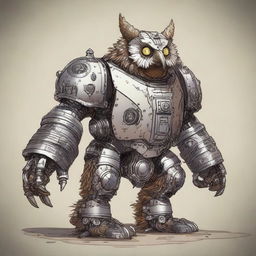 An image featuring a celestial Dungeons and Dragons Owlbear, but with a twist - this Owlbear is a robot