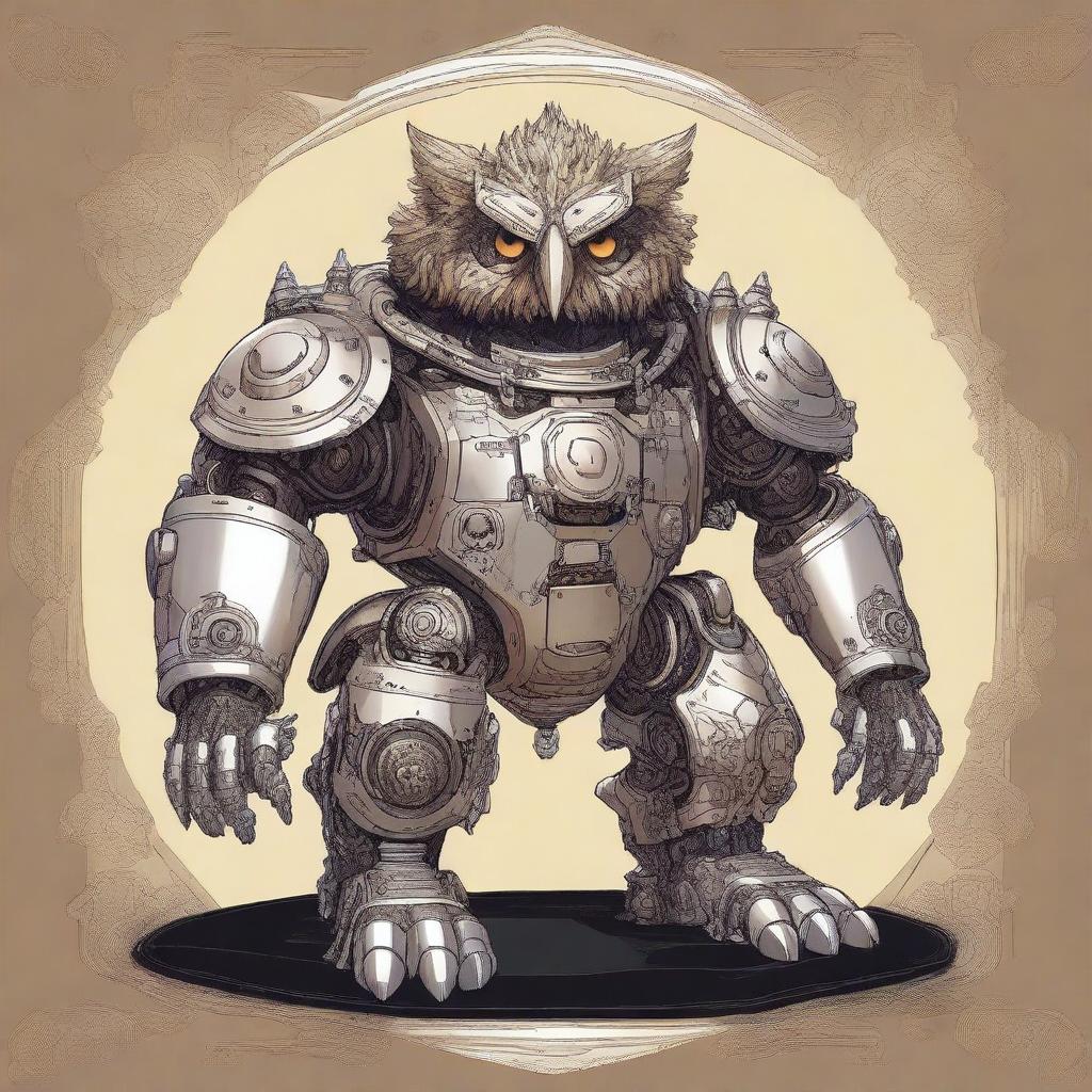 An image featuring a celestial Dungeons and Dragons Owlbear, but with a twist - this Owlbear is a robot