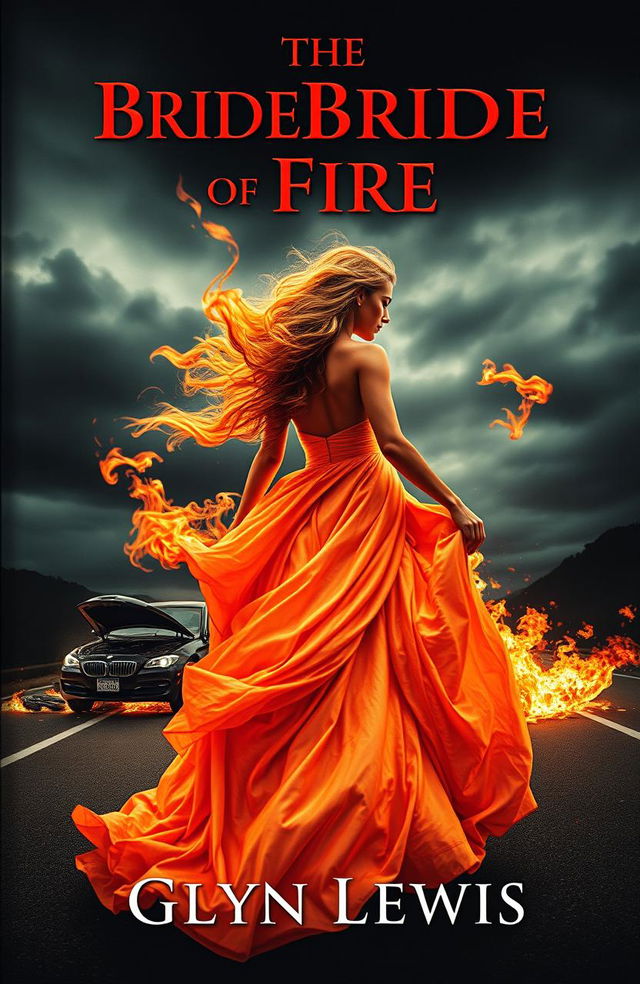 A dramatic book cover depicting a striking image of a woman known as the Bride of Fire engulfed in flames, embodying both beauty and tragedy