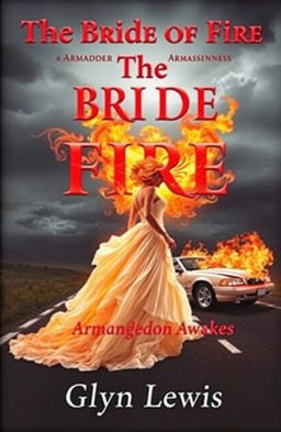 A dramatic book cover depicting a striking image of a woman known as the Bride of Fire engulfed in flames, embodying both beauty and tragedy