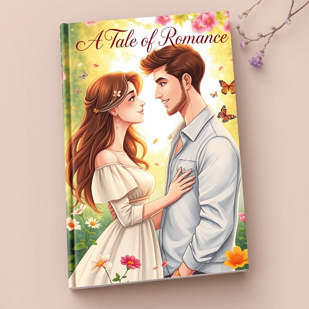 A beautiful and romantic book cover illustrating an enchanting scene between a couple in a lush garden