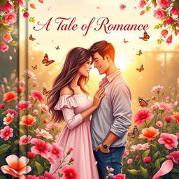 A beautiful and romantic book cover illustrating an enchanting scene between a couple in a lush garden