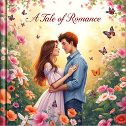 A beautiful and romantic book cover illustrating an enchanting scene between a couple in a lush garden