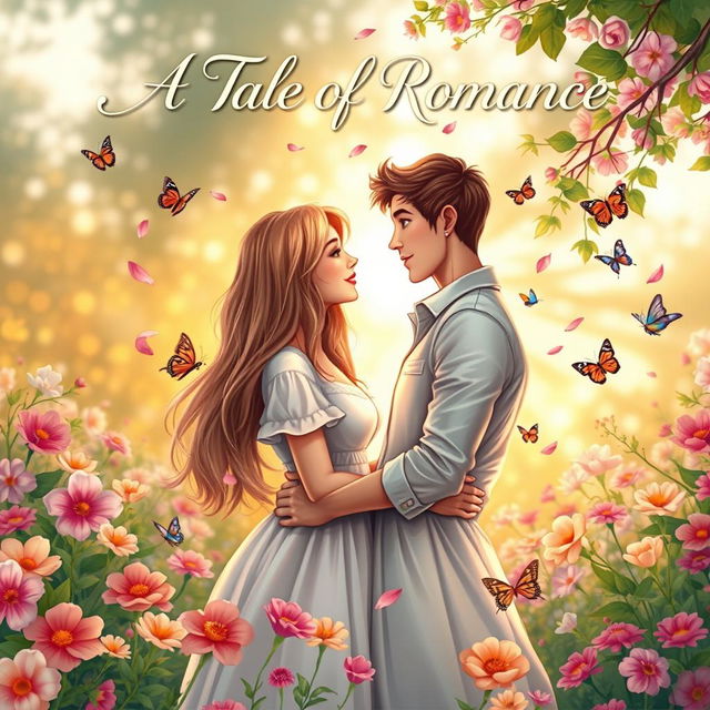 A beautiful and romantic book cover illustrating an enchanting scene between a couple in a lush garden