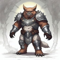 A high-quality digital art image portrays a celestial Dungeons and Dragons Owlbear in full armor