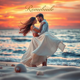 A captivating book cover for a romance story, featuring a couple in a passionate embrace on a picturesque beach at sunset