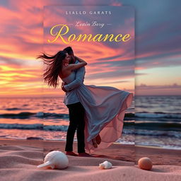 A captivating book cover for a romance story, featuring a couple in a passionate embrace on a picturesque beach at sunset