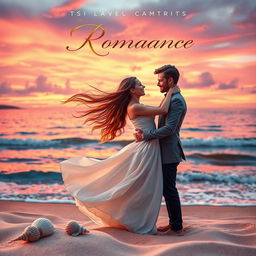 A captivating book cover for a romance story, featuring a couple in a passionate embrace on a picturesque beach at sunset