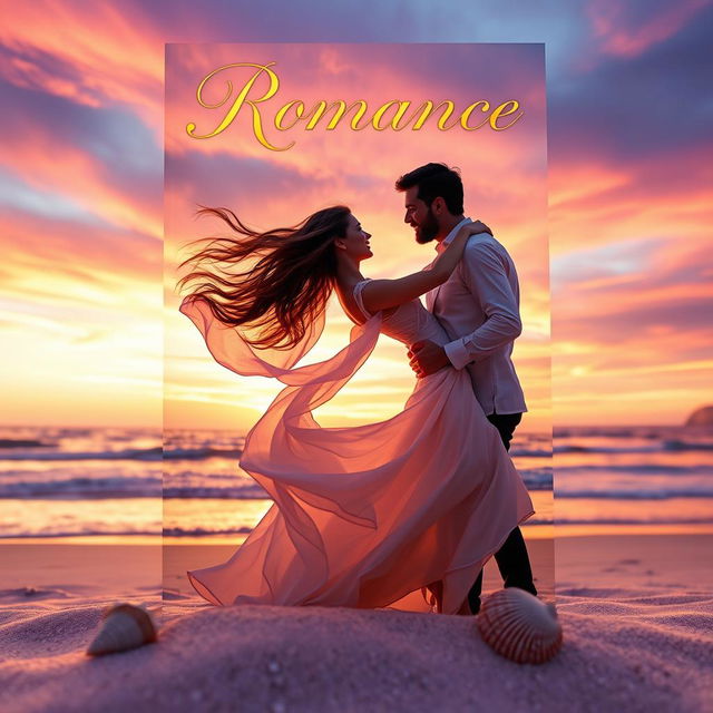 A captivating book cover for a romance story, featuring a couple in a passionate embrace on a picturesque beach at sunset