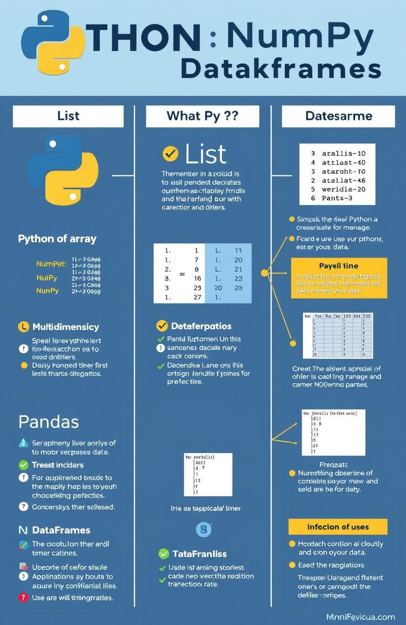 A detailed infographic explaining the differences and use cases of Python's List, NumPy arrays, and Pandas DataFrames