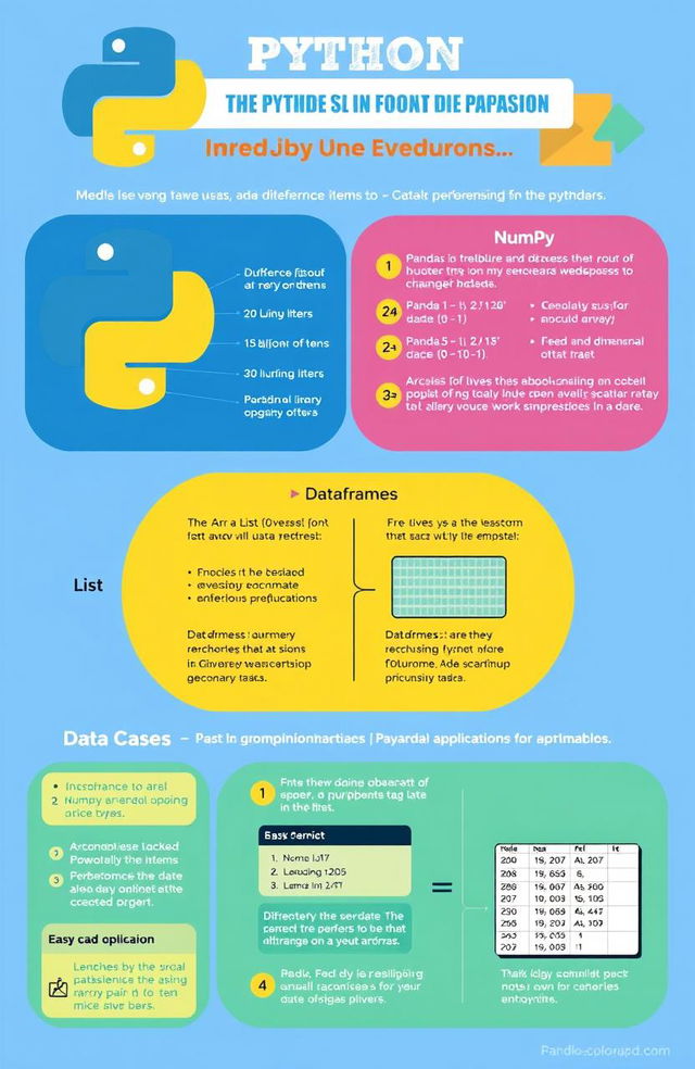 A detailed infographic explaining the differences and use cases of Python's List, NumPy arrays, and Pandas DataFrames