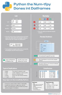 A detailed infographic explaining the differences and use cases of Python's List, NumPy arrays, and Pandas DataFrames