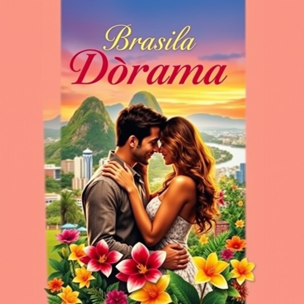 A captivating book cover for a Brazilian dorama, featuring a romantic and vibrant scene