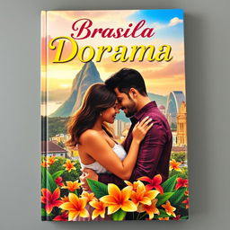 A captivating book cover for a Brazilian dorama, featuring a romantic and vibrant scene