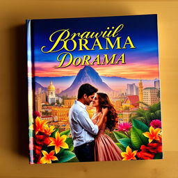 A captivating book cover for a Brazilian dorama, featuring a romantic and vibrant scene