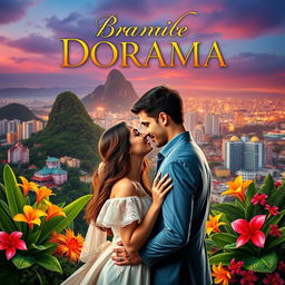 A captivating book cover for a Brazilian dorama, featuring a romantic and vibrant scene