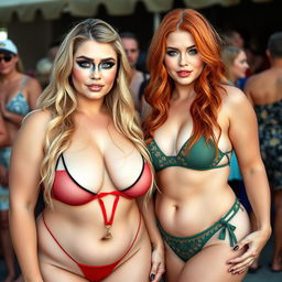 A beautiful, sexy, soft chubby girl with long blond hair and captivating blue eyes is confidently wearing a tiny red micro spaghetti strap thong bikini