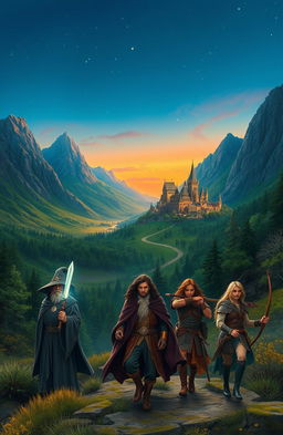 A fantastical landscape inspired by the Lord of the Rings, featuring majestic mountains, lush green valleys, and an ancient elf city with intricate architecture nestled among the trees