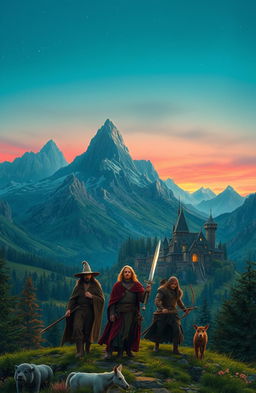 A fantastical landscape inspired by the Lord of the Rings, featuring majestic mountains, lush green valleys, and an ancient elf city with intricate architecture nestled among the trees