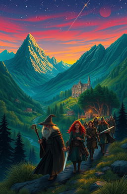 A fantastical landscape inspired by the Lord of the Rings, featuring majestic mountains, lush green valleys, and an ancient elf city with intricate architecture nestled among the trees
