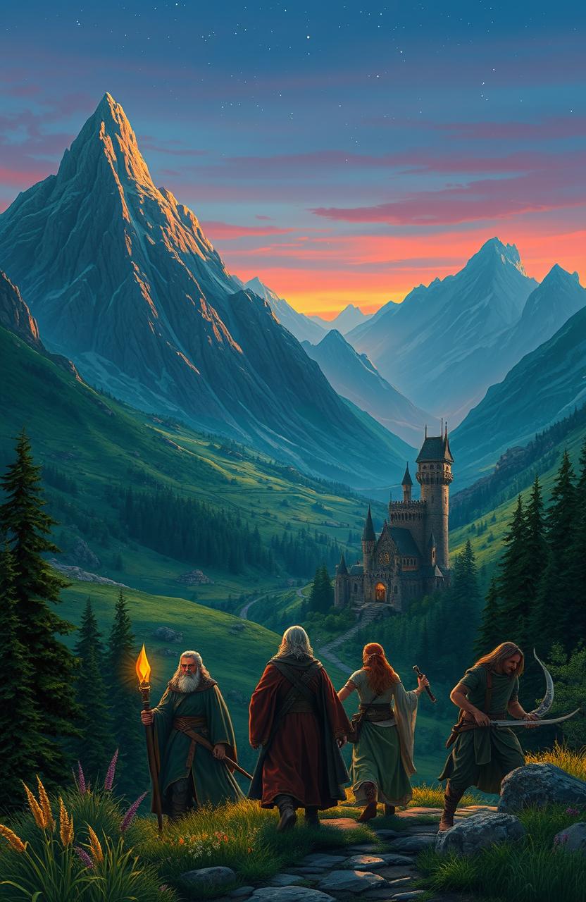 A fantastical landscape inspired by the Lord of the Rings, featuring majestic mountains, lush green valleys, and an ancient elf city with intricate architecture nestled among the trees