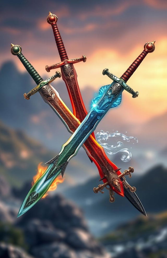 Four ornate swords, each elegantly designed to represent one of the classical elements: Earth, Fire, Water, and Air