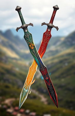 Four ornate swords, each elegantly designed to represent one of the classical elements: Earth, Fire, Water, and Air