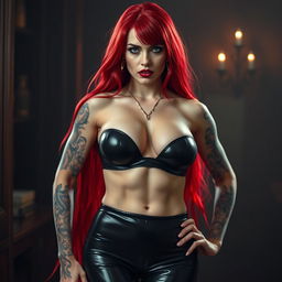 A seductive and alluring female vampire with a muscular, athletic body showcasing impressive abs