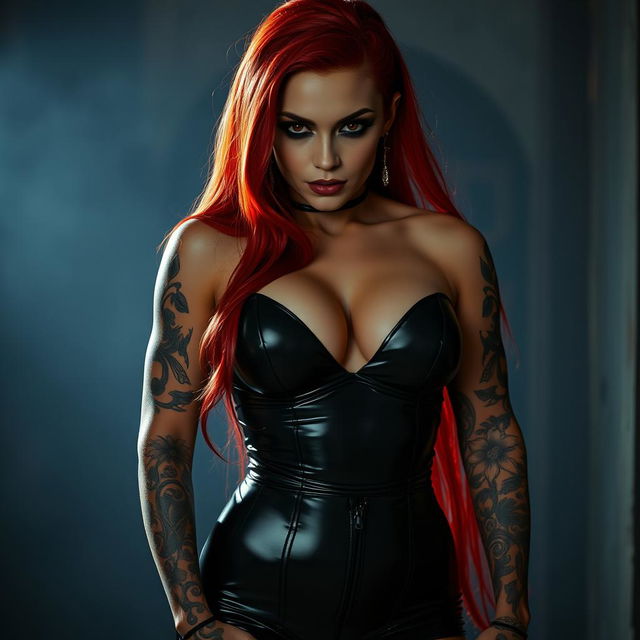 A seductive and alluring female vampire with a muscular, athletic body showcasing impressive abs