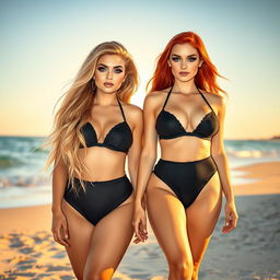 A beautiful, sexy, innocent soft chubby girl with long blond hair and captivating blue eyes, adorned with dark pink and blue face makeup, bold black eyeliner, and long lashes, walks alongside her gorgeous voluptuous redhead girlfriend