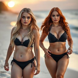 A beautiful, sexy, innocent soft chubby girl with long blond hair and captivating blue eyes, adorned with dark pink and blue face makeup, bold black eyeliner, and long lashes, walks alongside her gorgeous voluptuous redhead girlfriend
