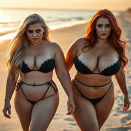 A beautiful, sexy, innocent soft chubby girl with long blond hair and captivating blue eyes, adorned with dark pink and blue face makeup, bold black eyeliner, and long lashes, walks alongside her gorgeous voluptuous redhead girlfriend